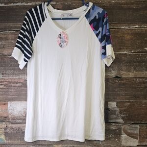 Celeste White T-Shirt with Striped and Camo Sleeves, Size XL, NWT
